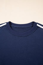 Dirty blue Varsity Striped Detail Crewneck Pullover Elastic Sweatpants 2-Piece Outfit