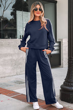 Dirty blue Varsity Striped Detail Crewneck Pullover Elastic Sweatpants 2-Piece Outfit