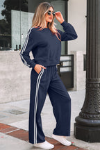 Dirty blue Varsity Striped Detail Crewneck Pullover Elastic Sweatpants 2-Piece Outfit