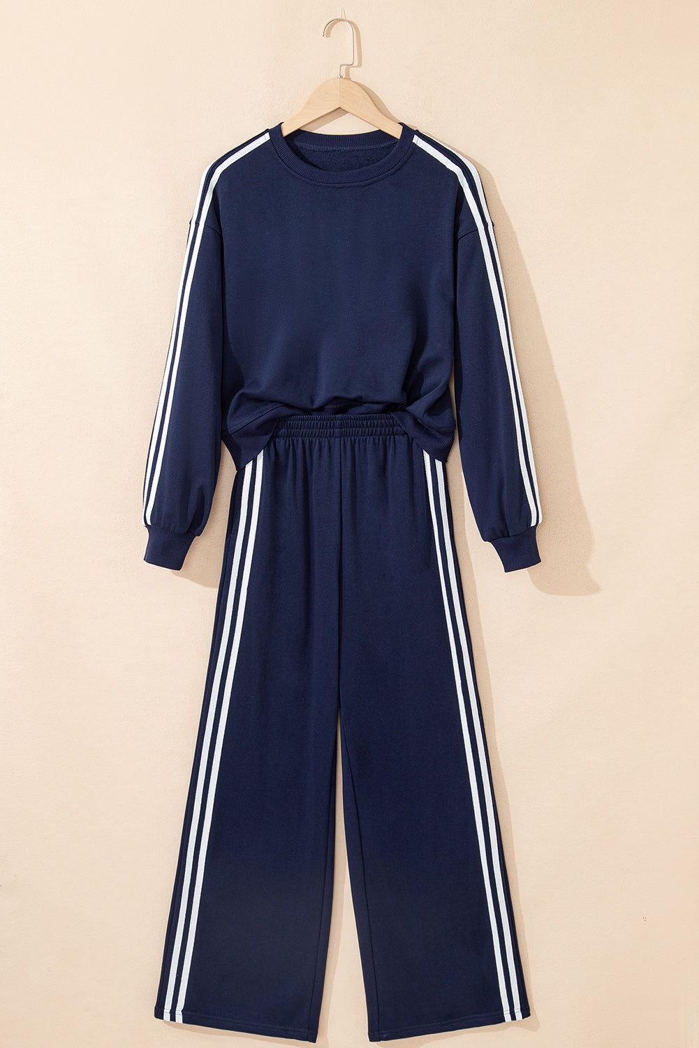 Dirty blue Varsity Striped Detail Crewneck Pullover Elastic Sweatpants 2-Piece Outfit