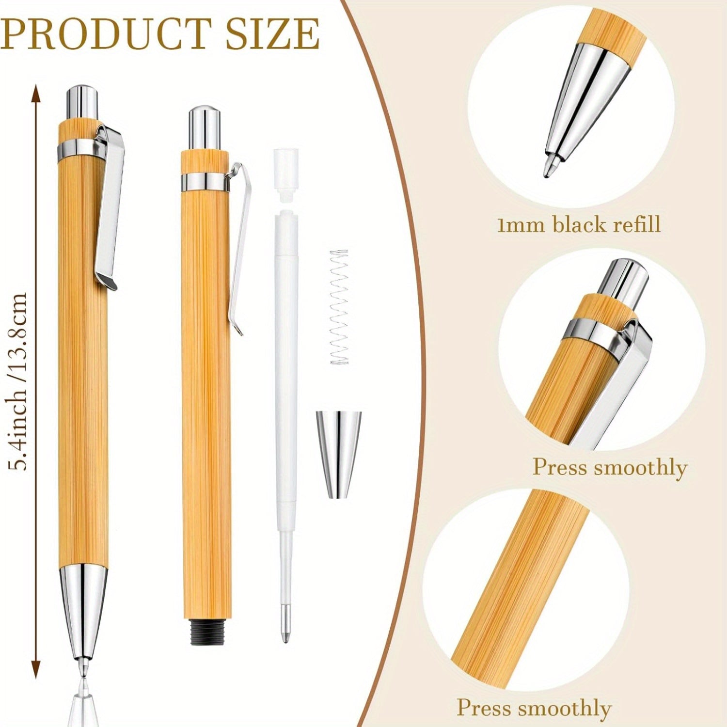 100 Bamboo Pens, Retractable Ballpoint Pen With Black Ink, 1mm, Suitable For Writing, Office Supplies, Wooden Bamboo Ballpoint Pen, Ideal For Journals, Supplies, And Decorations