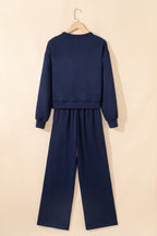 Dirty blue Varsity Striped Detail Crewneck Pullover Elastic Sweatpants 2-Piece Outfit