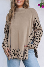 Khaki Leopard High Neck Side Slit Oversized Sweater